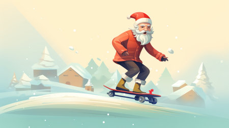 Santa riding a skateboard in the snow, AIの素材