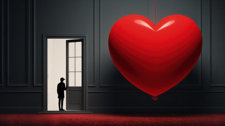 A man standing in front of an open door with a large red heart, AIの素材