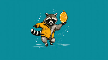 Raccoon in orange raincoat holding an apple, AIの素材
