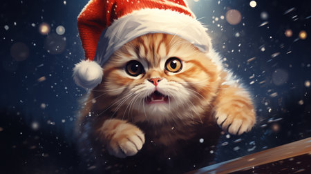 A cat wearing a santa hat is running through the snow, AIの素材