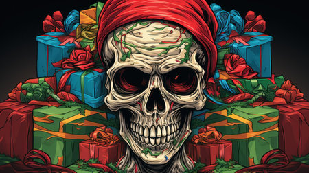 A skull wearing a santa hat surrounded by presents, AIの素材
