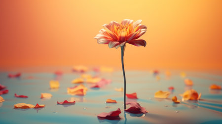 A flower stands in the water with petals falling down, AIの素材