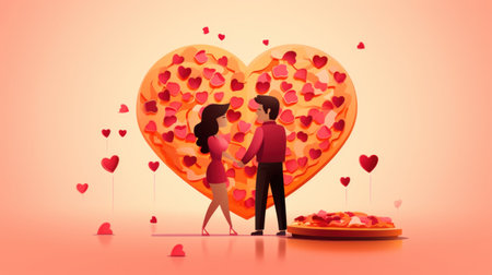 An illustration of a couple holding hands in front of heart shaped pizza, AIの素材