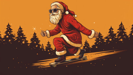 Santa riding a skateboard in the woods, AIの素材