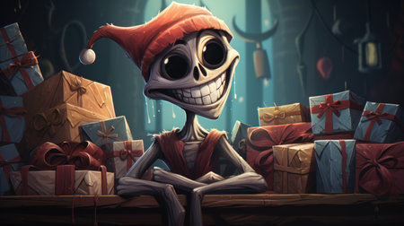 A skeleton wearing a santa hat sits on top of presents, AIの素材