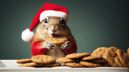 A chipmunk wearing a santa hat and eating cookies, AIの素材