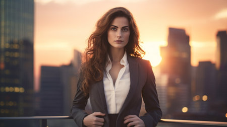 A woman in a business suit standing in front of a city skyline, AIの素材