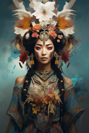 A woman with a flower headdress and feathers on her head, AIの素材