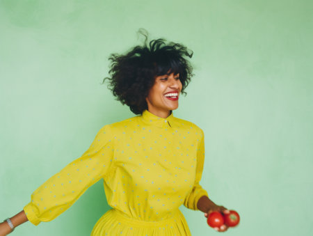 A woman in a yellow dress holding an apple, AIの素材