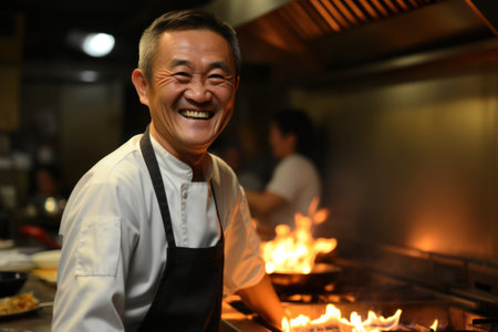 A man is smiling while cooking in a kitchen, AIの素材