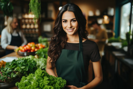 A woman owner of restaurant business standing in a commercial kitchen holding a bowl of vegetables, AIの素材