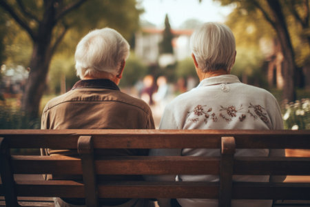 Two older people sitting on a bench in a park, AIの素材