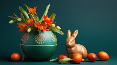 A green vase with orange flowers and a gold bunny figurine, AIの素材