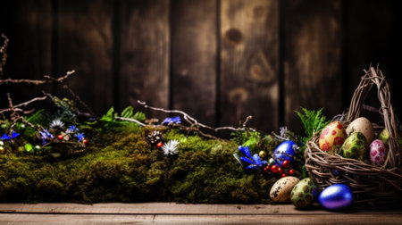 A moss covered log with eggs and christmas decorations, AIの素材