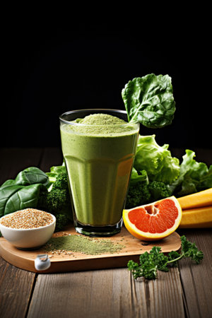 A glass of green smoothie next to some fruits and vegetables, AIの素材