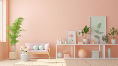 A living room with pink walls and a wooden floor, AIの素材