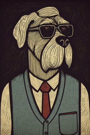 A drawing of a dog wearing glasses and a vest, AIの素材