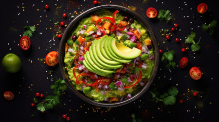 A bowl of guacamole with avocado and tomatoes, AIの素材