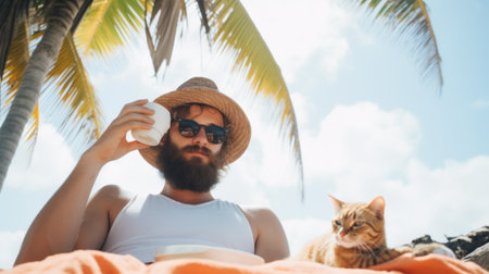 A man sitting on a beach with a cat, AIの素材