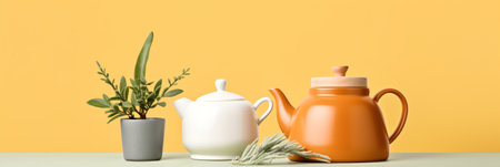 A table with a potted plant and a teapot on it, AIの素材