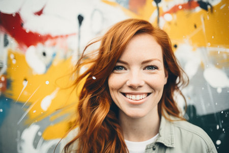 A woman with red hair smiling in front of a graffiti wall, AIの素材