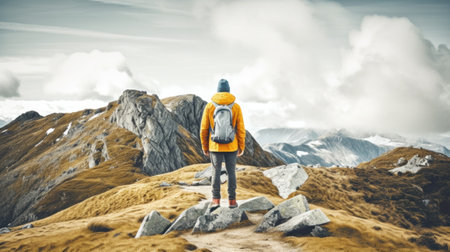 A person standing on top of a mountain with a backpack, AIの素材