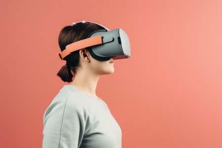 A woman wearing a virtual reality headset against a pink background, AIの素材