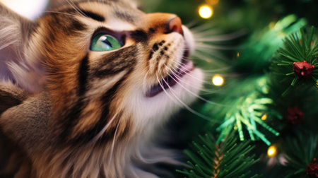 A close up of a cat near a christmas tree, AIの素材