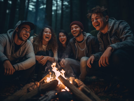 A group of people sitting around a campfire, AIの素材