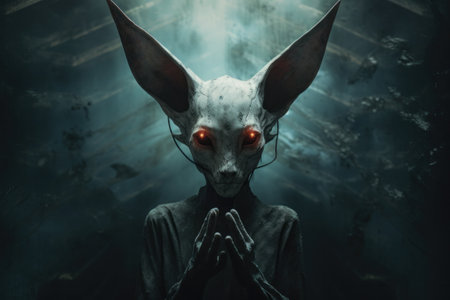 A creepy alien with big ears and red eyes standing in a dark room, AIの素材