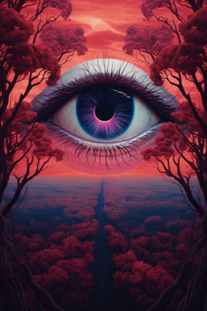 A painting of an eye with trees in the background, AIの素材