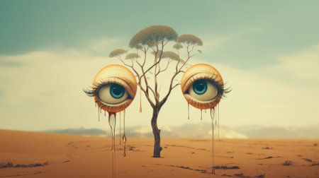 A tree with two eyes on it in the desert, AIの素材