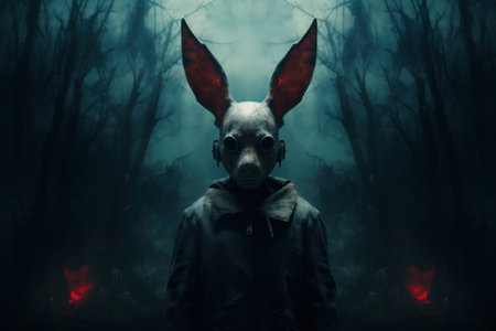 A person wearing a bunny mask in a dark forest, AIの素材
