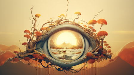 A picture of an eye with picture of a landscape inside, AIの素材