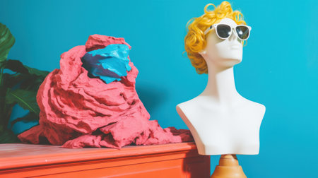 A mannequin with sunglasses sitting on top of a dresser, AIの素材