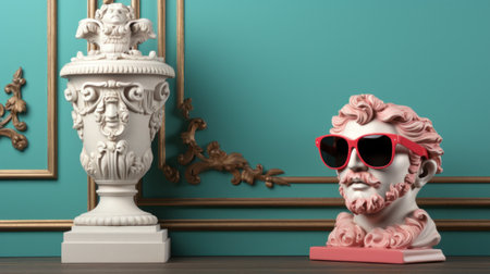 A statue of a man wearing sunglasses next to a vase, AIの素材