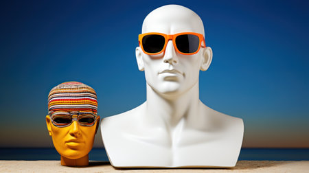 A mannequin head and sunglasses on a beach, AIの素材
