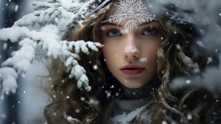A woman with snow on her face in the snow, AIの素材