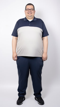 A man with a big belly standing in front of a white wall, AIの素材