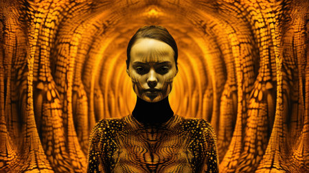A woman in a gold dress standing in a tunnel, AIの素材
