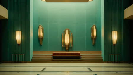 A room with a bench and lights on the wall, AIの素材