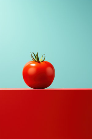 Tomato on a red table with blue background, AIの素材