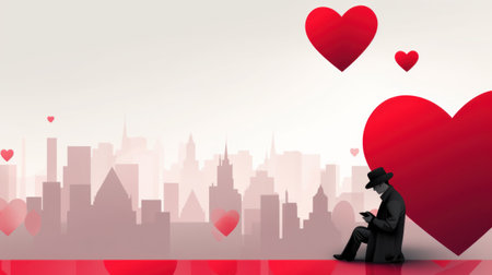A man sitting on a bench with hearts in the background, AIの素材