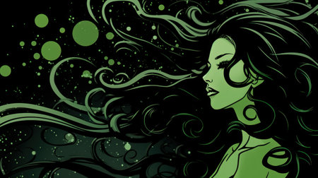 A woman with long hair and green bubbles, AIの素材