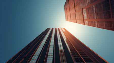 Tall buildings with windows and a bright sun, AIの素材