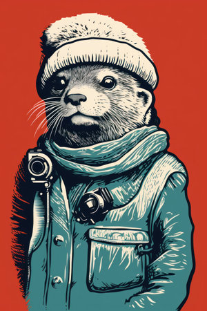 An otter wearing a hat and scarf, AIの素材