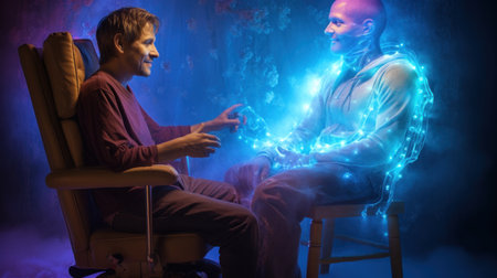 A man sitting in a chair with his ghostly glowing alter ego, AIの素材