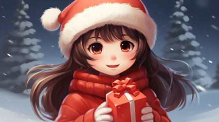 Anime girl holding a gift in the snow, AIの素材
