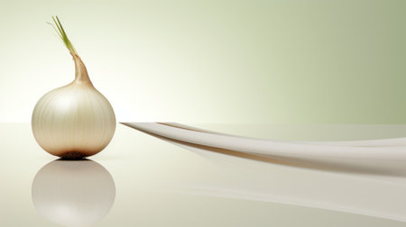 An onion is sitting on a table with the reflection of its stem, AIの素材