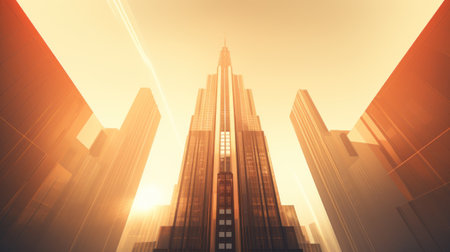 A futuristic city with tall buildings and a sun, AIの素材